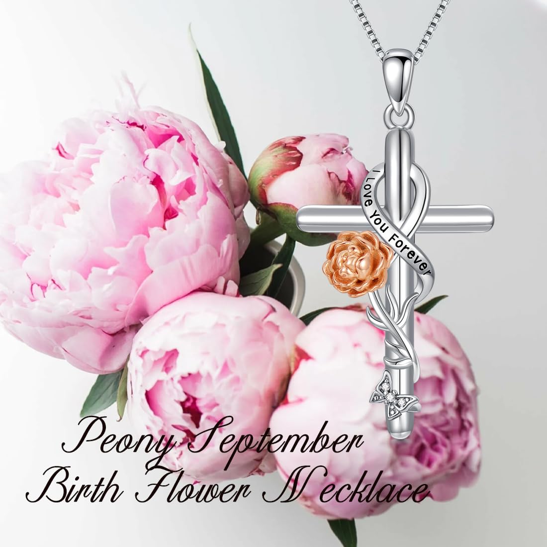 Flpruy Cross Necklace 925 Sterling Silver Peony Necklace September Birthday Jewelry Gifts Birth Flower Floral Pendant for Women Mom