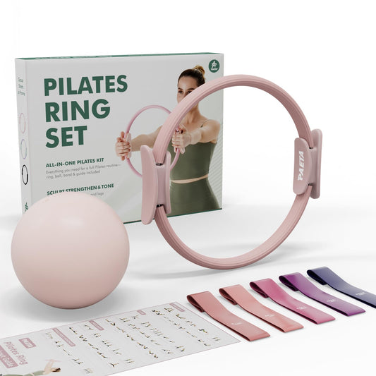 PAETA Pilates Ring Set – 14” Magic Circle (38 lbs Resistance), 9.8” Pilates Ball, 5 Resistance Bands, and Exercise Guide Included for Home Workouts(Pink)