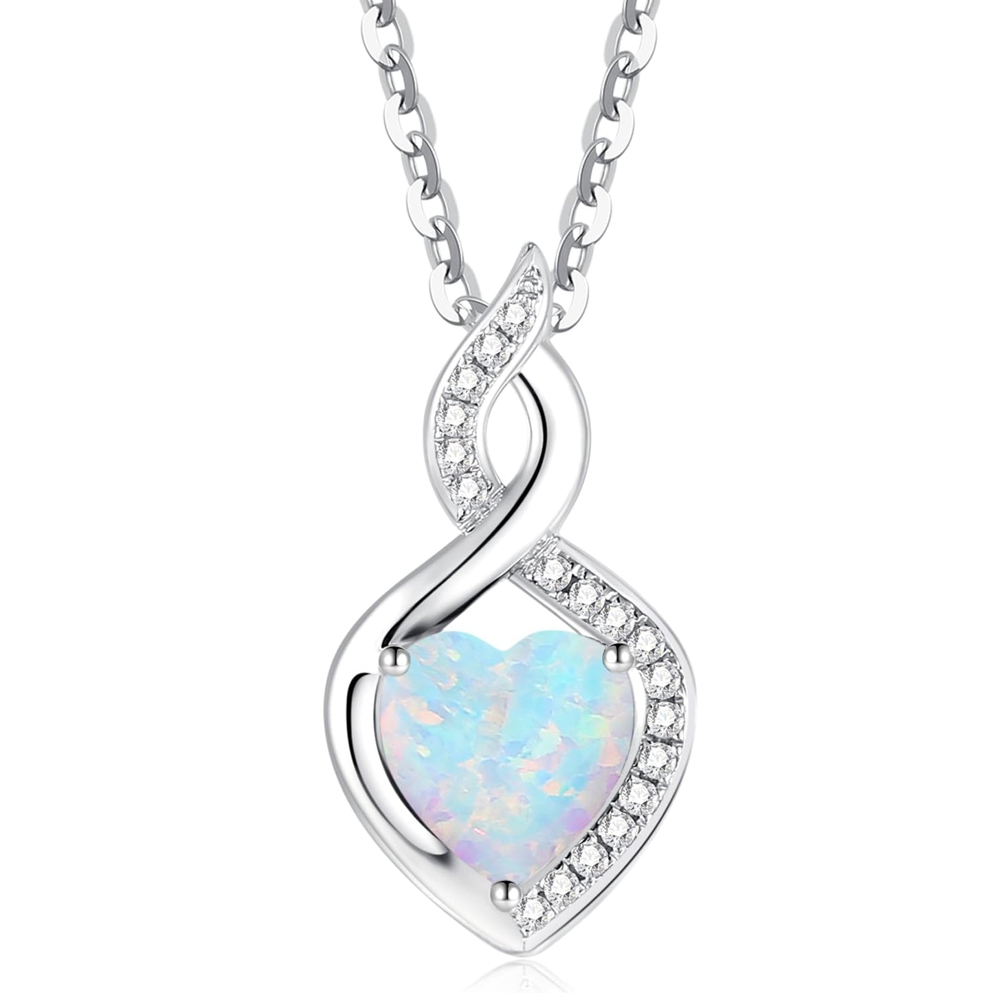 FANCIME Opal Necklace 14K Solid White Gold Heart Pendant with Diamond October Birthstone Necklace Birthday Gifts for Mom Women