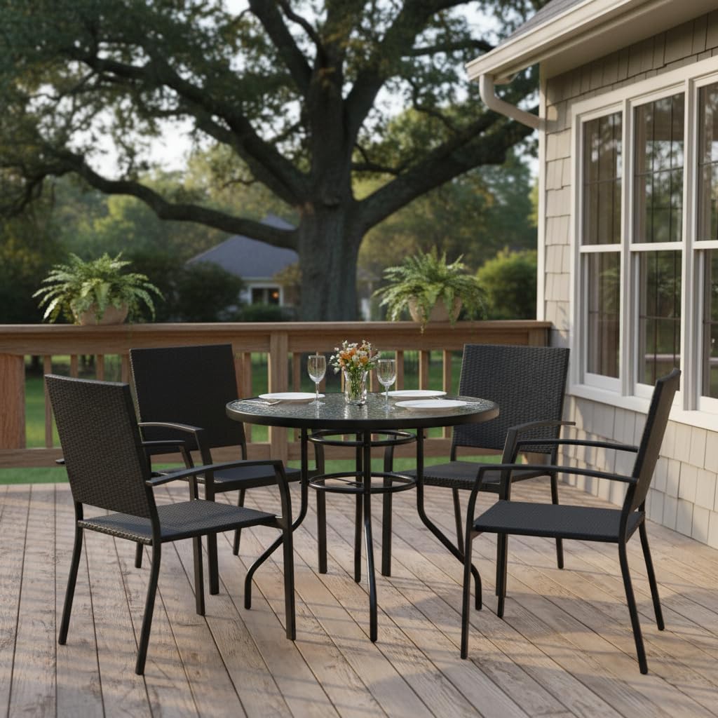 Tangkula 32" Round Outdoor Table with Tempered Glass Top, Patio Dining Table with Umbrella Hole & Metal Frame, Outside Bistro Table for Backyard, Lawn, Deck & Poolside