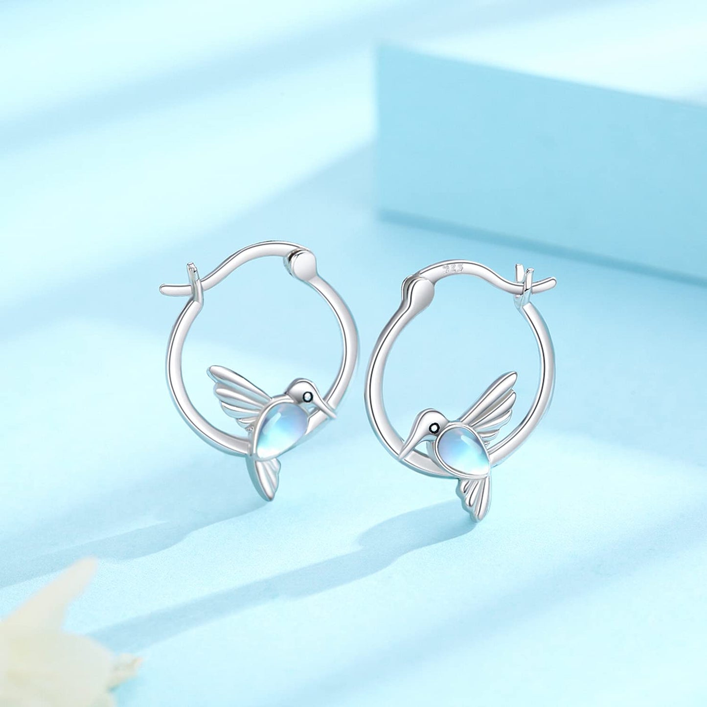 Sterling Silver Hummingbird Huggie Hoop for Women Hummingbird Moonstone Earrings Jewlery Graduation Gifts for Women Daughter Her Sensitive Ears
