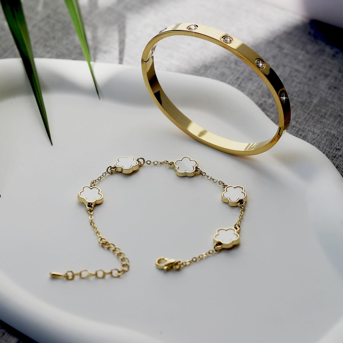 KARCCI Lucky Clover Bracelet and Friendship Love Bangle Bracelets Set for Women Girlfriend Cubic Zirconia Bracelet Set, Christmas Valentines Wedding Birthday Gifts