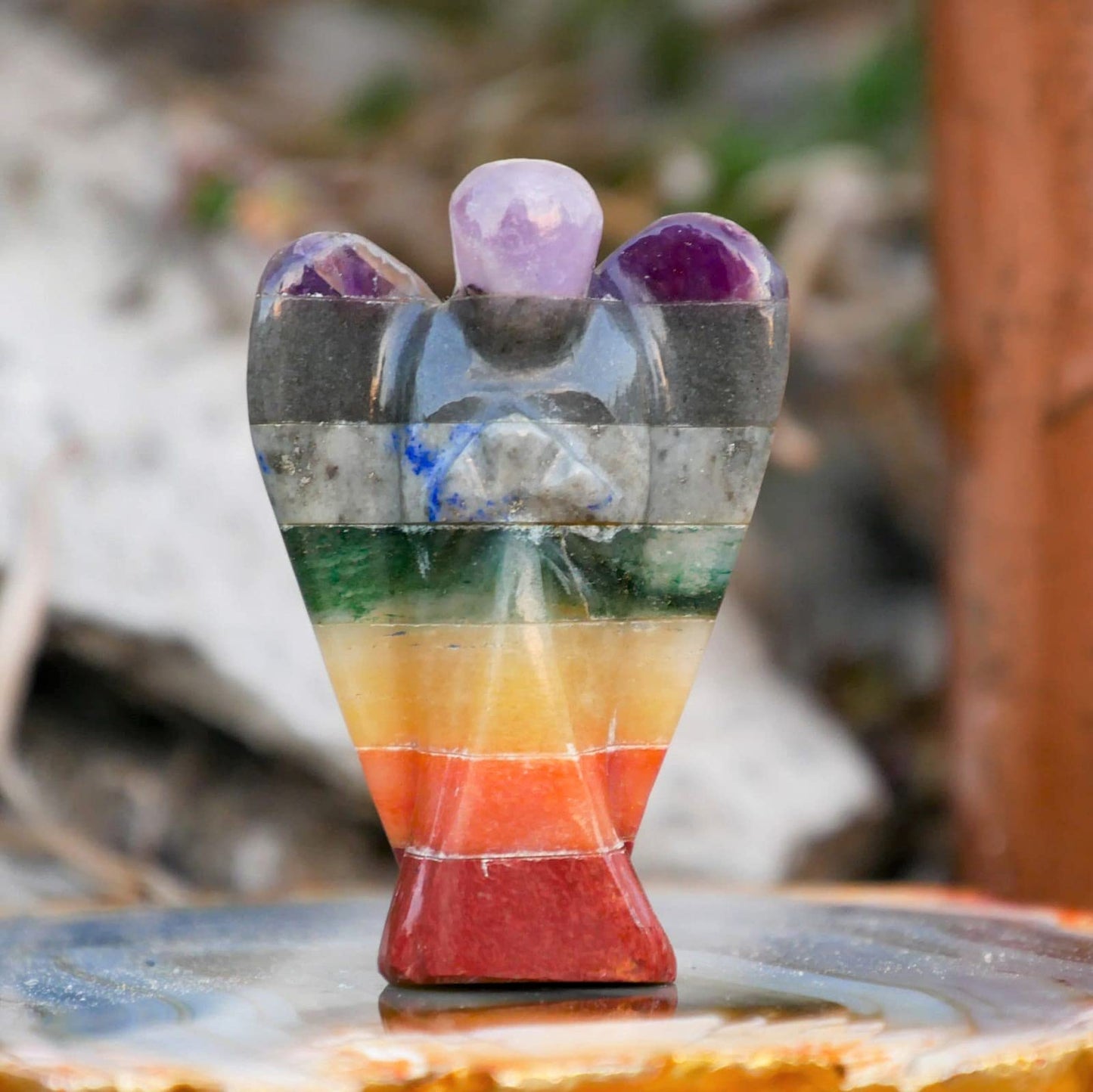 Crocon Seven Chakra Gemstone Pocket Angel Healing Figurine, Hand Carved Guardian Angel Crystals for Positive Energy, Handmade Mini Statue for Love, Peace & Healing, Natural Gemstone Healing Figurine