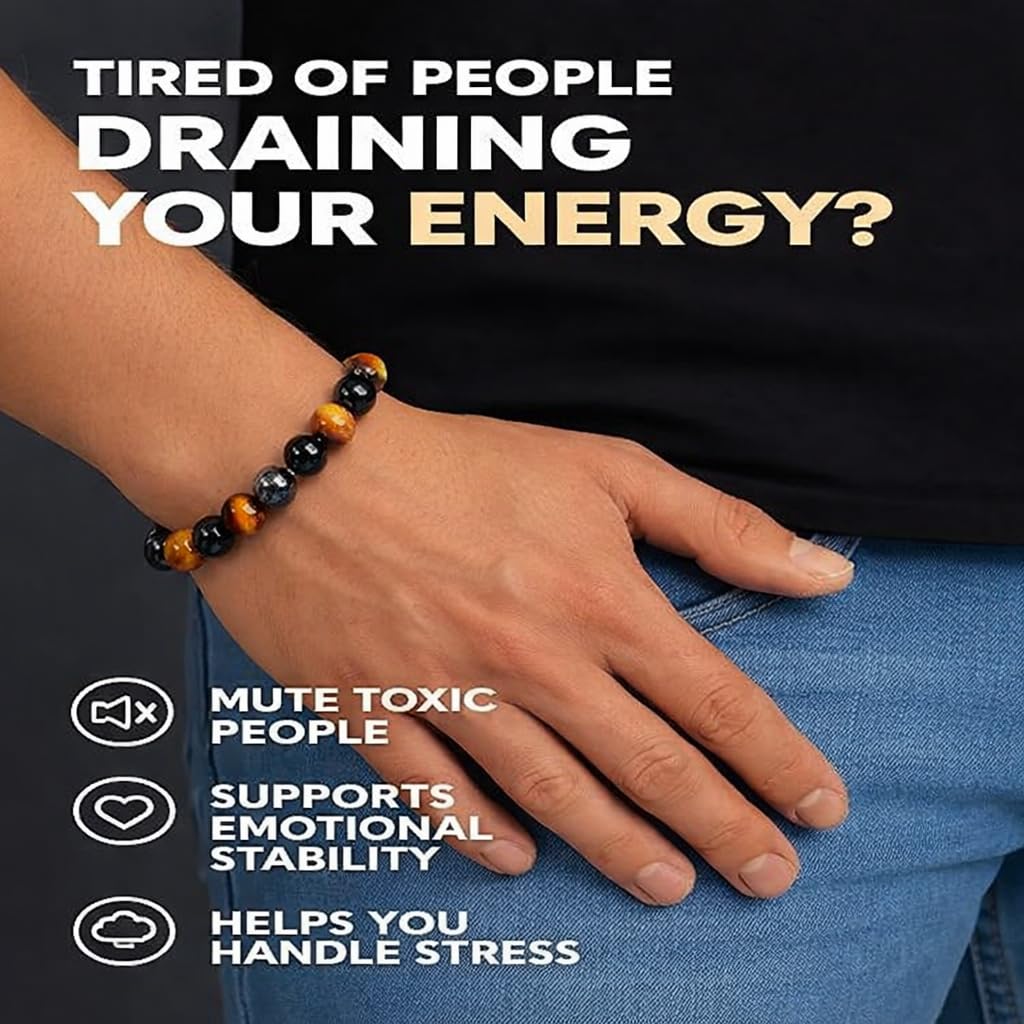 Handmade Triple Protection Bracelet – Tiger Eye, Hematite & Obsidian 8mm Natural Crystal Beads, Healing Natural Stones for Strength, Energy & Balance, Men & Women, 7.48 Inches – Supports Chakra Healing