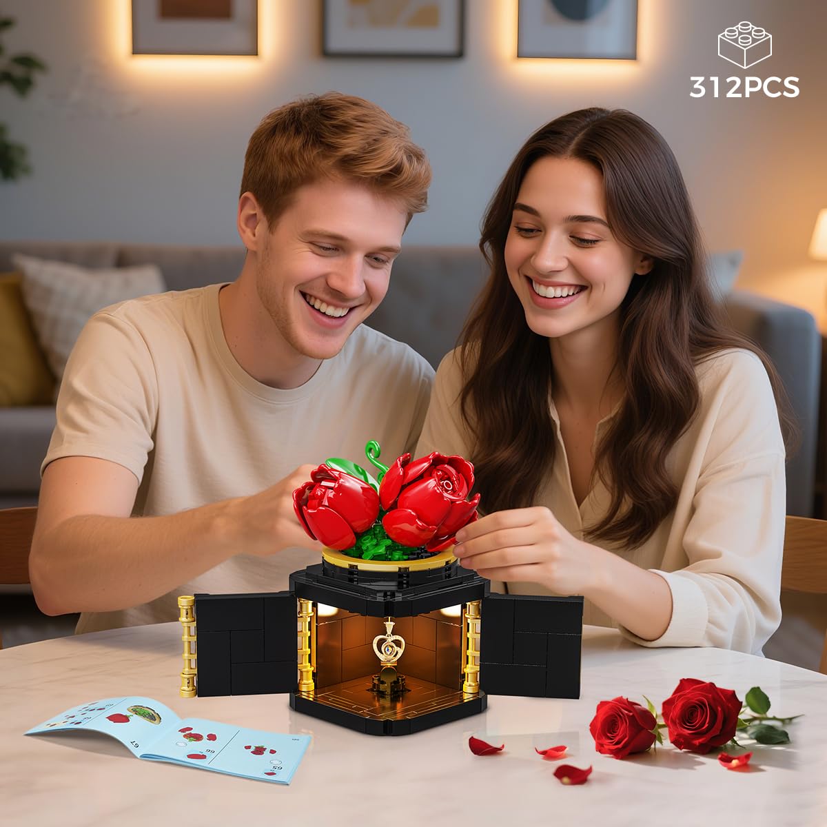 HOGOKIDS Flowers Box Building Set with LED & Necklace, for Mom/Wife, 312PCS Preserved Rose with Heart Necklace for Adults Women on Birthday Anniversary, I Love You in 100 Languages