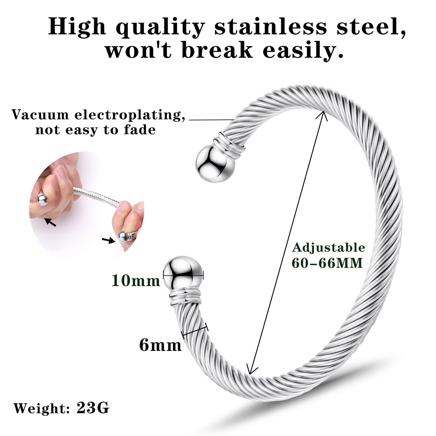 Adjustable C-Shape Open Cuff Bangle, Twisted Cable Bracelet for Men & Women, Chic Stainless Steel Unisex Jewelry Gift for Him Her, Unique Anniversary Present (Silver)
