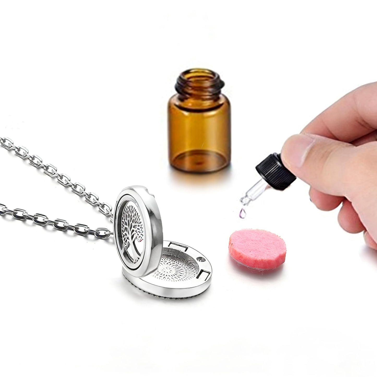 4-Piece Set of Fashionable Tree of Life Aromatherapy Necklace, Stainless Steel Diffuser Perfume Pendant, Everyday Wear Giftable Trendy Jewelry