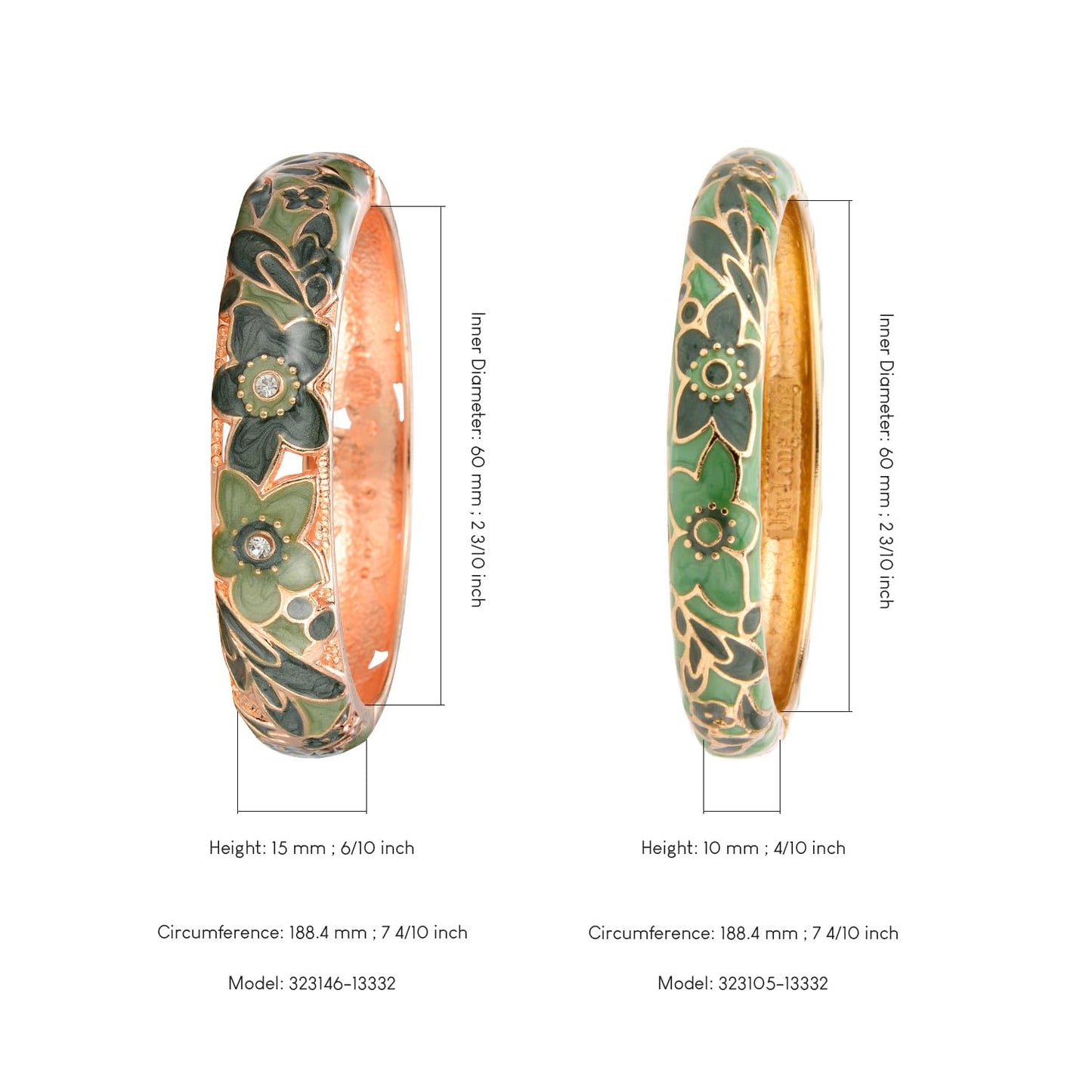 wynameleri Vintage Cloisonne Jewelry Gorgeous Rhinestone Handcrafted Bracelets Enamel Flower Bird Gold Hinged Cuff Bangles Gifts 88A11-55A101 green