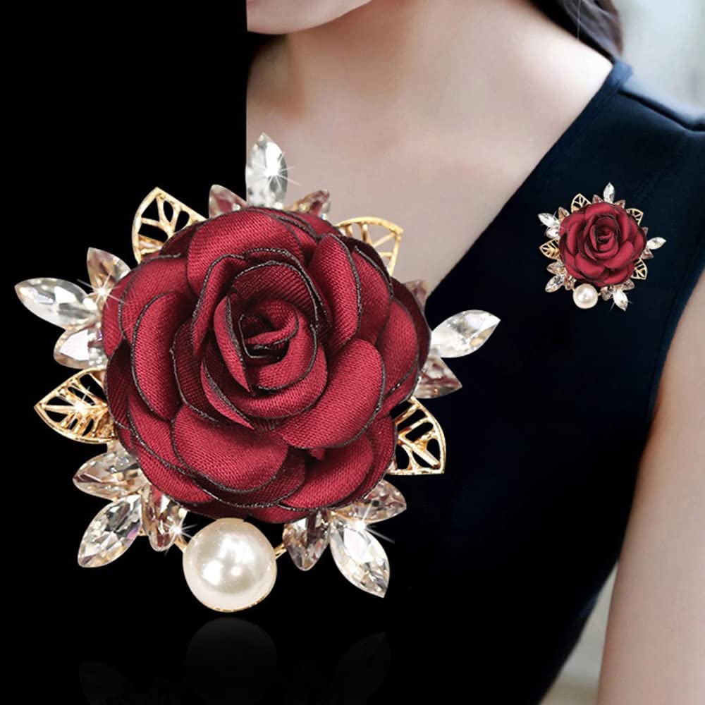 Elegant Rose Flower Brooch Pin for Women Men Wedding Party Gentleman's Essentials Handmade Imitation Crystal Pearl Fabric Flowers Lapel Pin Dress Suit Accessories Boutonniere Ideas Gift (Red)