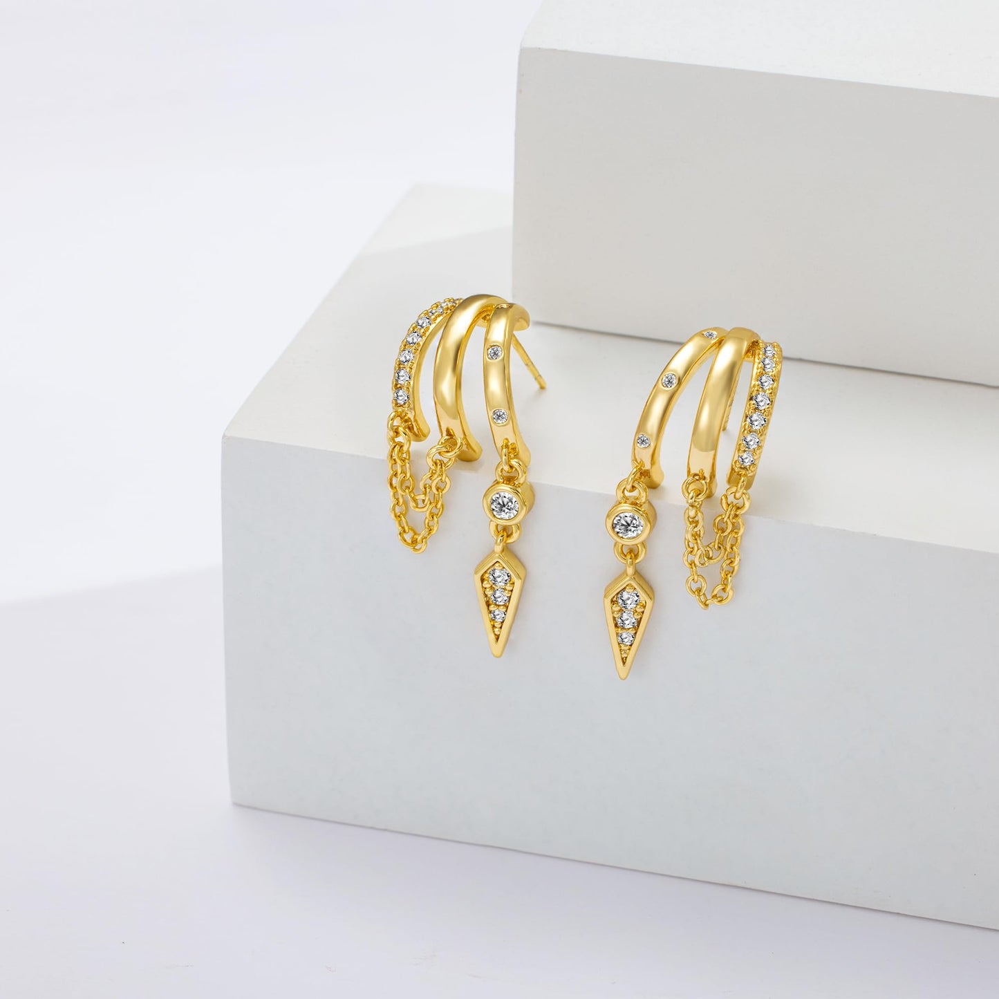 Freekiss Gold 3 Hoop Illusion Huggie Earrings for Women, Dainty Dangle Drop Chain Stud Earrings with Zircon, 14K Gold Plated Hypoallergenic Women Jewelry Trendy