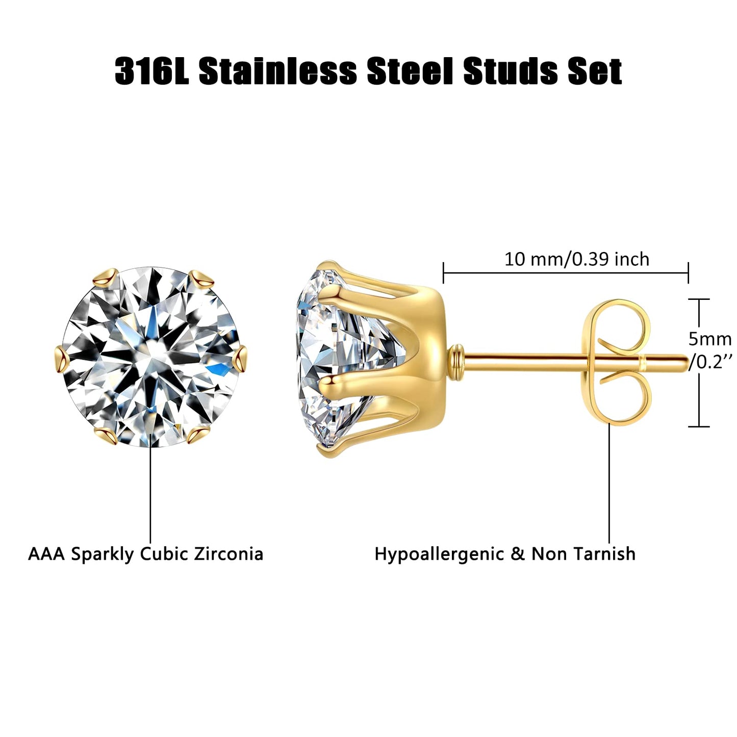 Gold Earrings Studs: LUCKYPADS Cubic Zirconia 12 Pairs 14k Gold Plated Men Hypoallergenic Stainless Steel Studs Earrings for Women