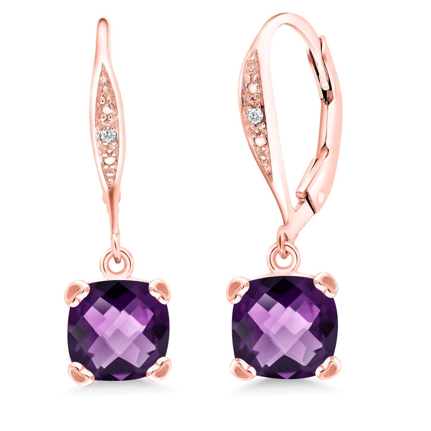 Gem Stone King Drop Dangle Earrings For Women | 7MM Cushion Cut Gemstone Birthstone and Diamond | 925 Sterling Silver | Jewelry Gift for Mom Wife Her | Amethyst-Checkerboard-February | Rose Gold