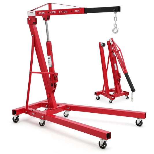 GarveeTech 2-Ton Folding Engine Hoist Cherry Picker 4400 Lb Capacity Hydraulic Shop Crane with Telescoping Boom 6 Caster Wheels for Automotive Repair Garage Use Includes Hitch and Storage Stand Red