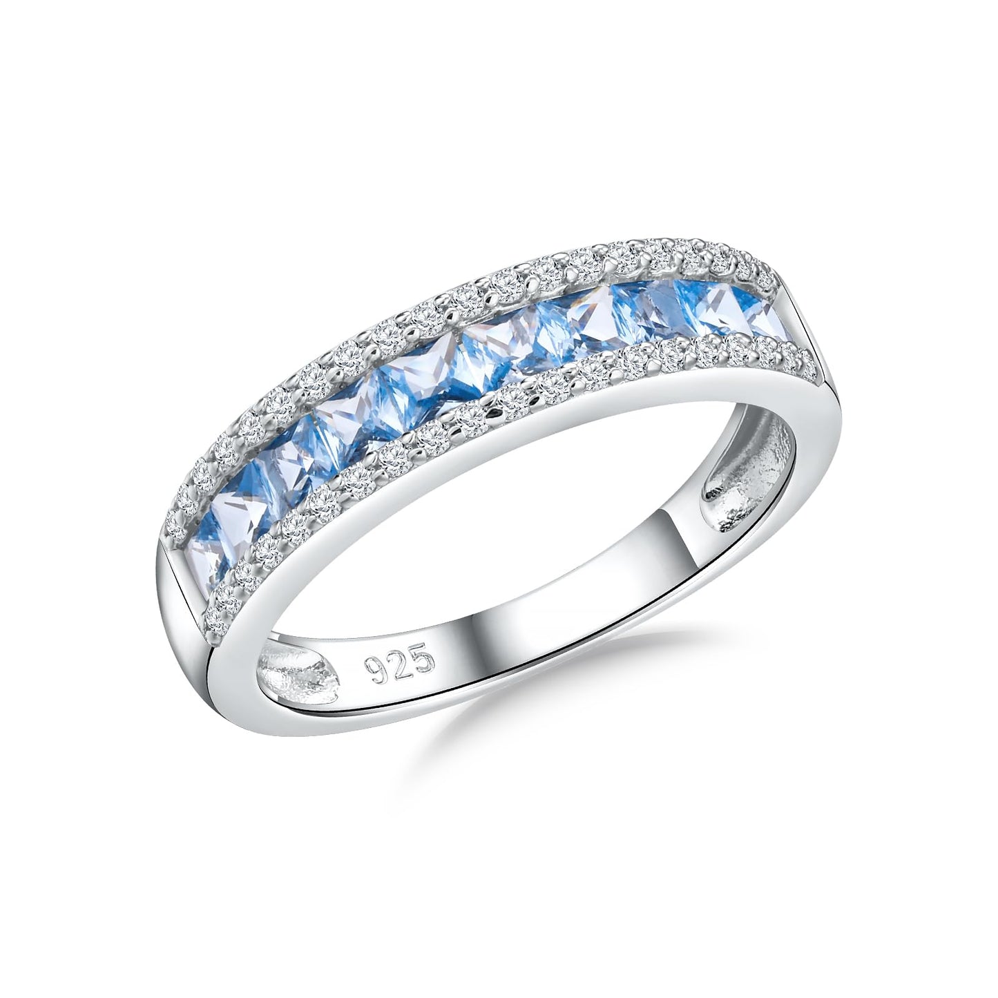 RANDES Blue Topaz Ring Band December Birthstone Ring 925 Sterling Silver Channel Set Half Eternity Band Rings for Women Size 9