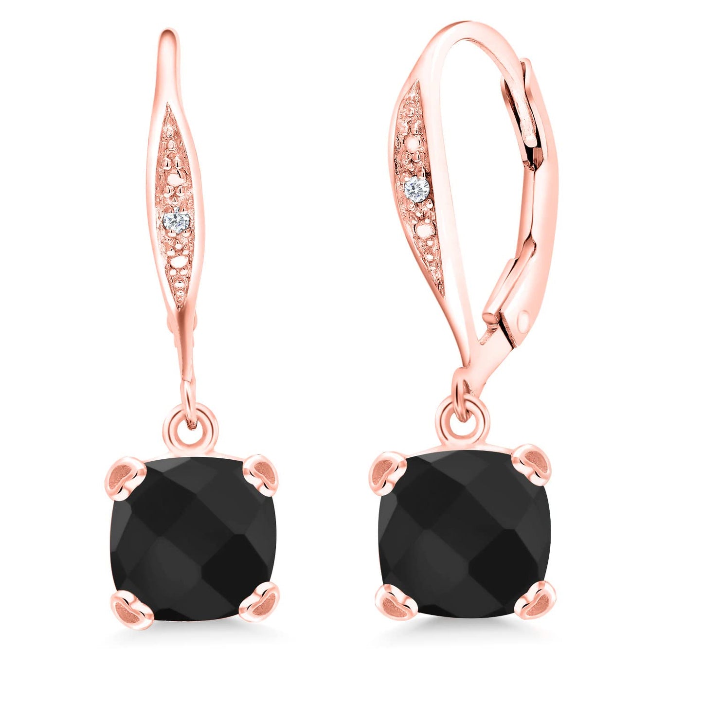 Gem Stone King Drop Dangle Earrings For Women | 7MM Cushion Cut Gemstone Birthstone and Diamond | 925 Sterling Silver | Jewelry Gift for Mom Wife Her | Onyx-Checkerboard-December | Rose Gold