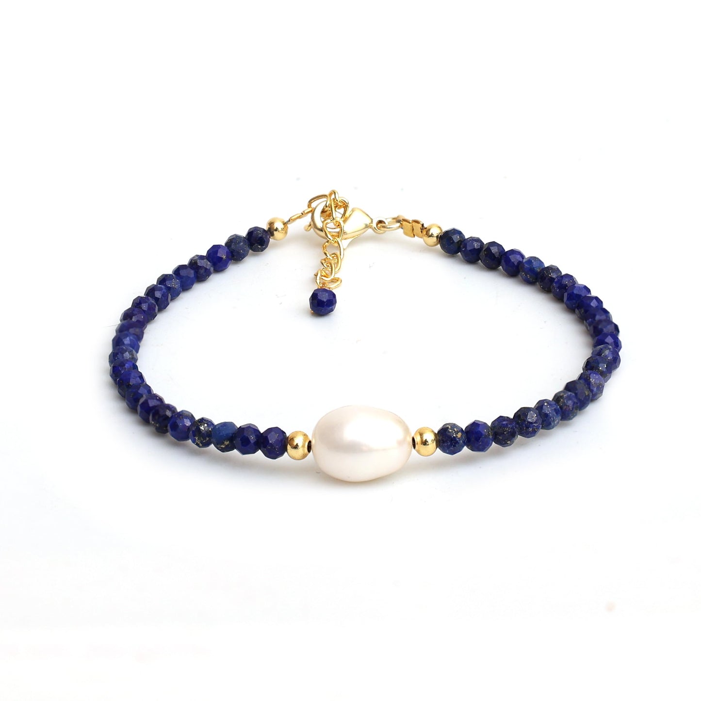 Gempires Blue Lapis Lazuli Beaded Bracelet with Freshwater Pearl Handmade Jewelry September Birthstone Gifts Hypoallergenic 7.5 Inch Gold Plated Everyday Wear Gemstone Bracelets