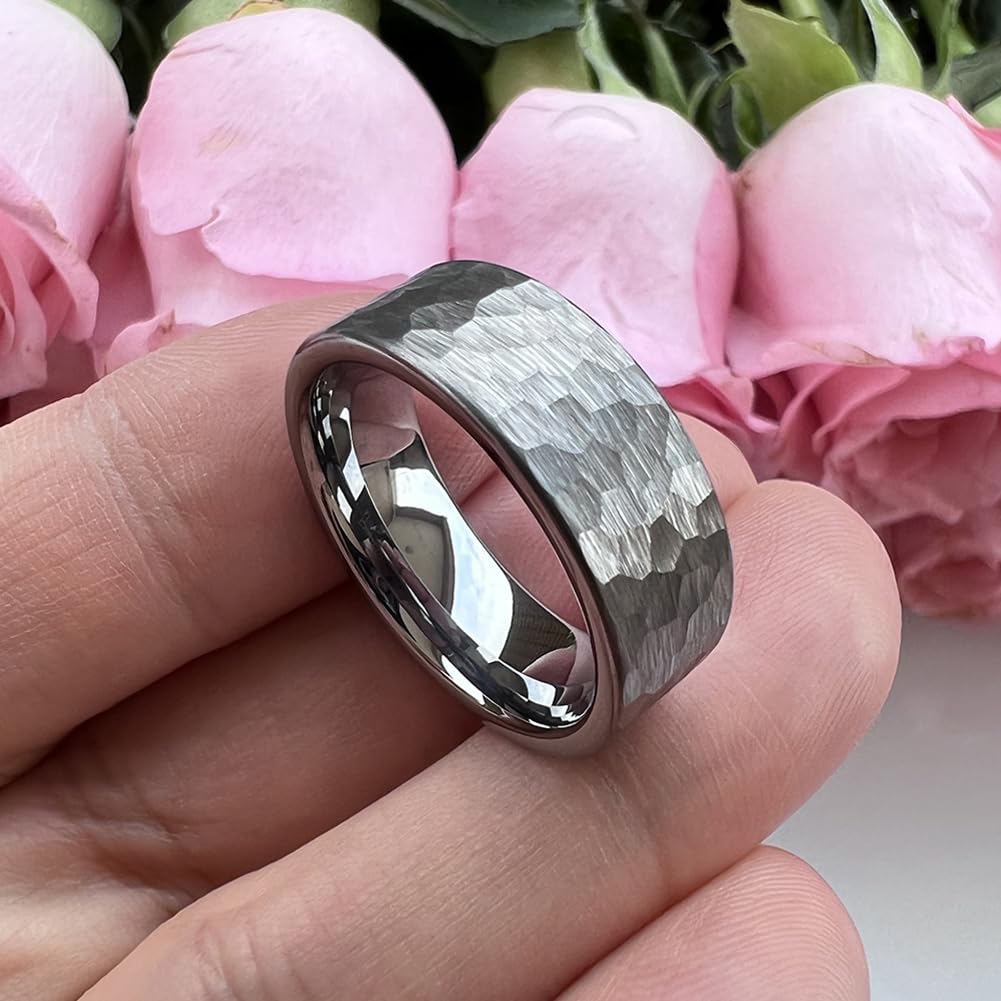 TUTISS 8mm Hammered Tungsten Carbide Rings for Men Women Fashion Engagement Wedding Bands Matte Finish I Love You Engraved Comfort Fit Size 10