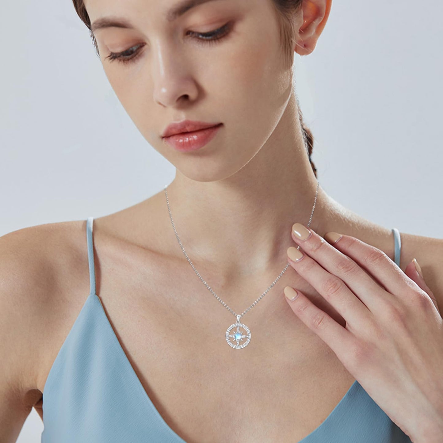 Silikepa Star Necklace for Women 925 Sterling Silver North Star Pendant Necklace Round Rotating Pendant with Moonstone Jewelry Gift for Women