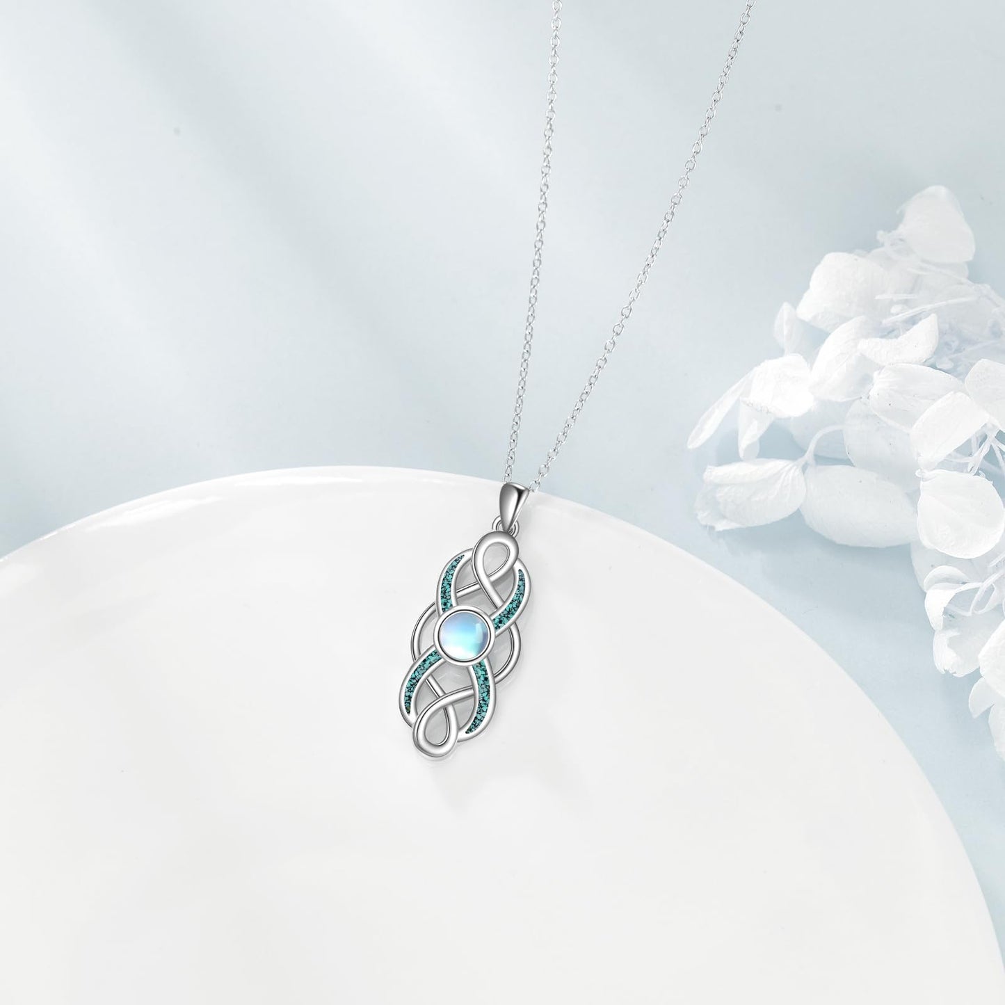 YFN Pearl Celtic Necklace S925 Sterling Silver for Women, Anniversary Irish Celtic Knot Jewelry Present for Women, Birthday Gifts (Turquoise Moonstone Celtic Knot Necklace)