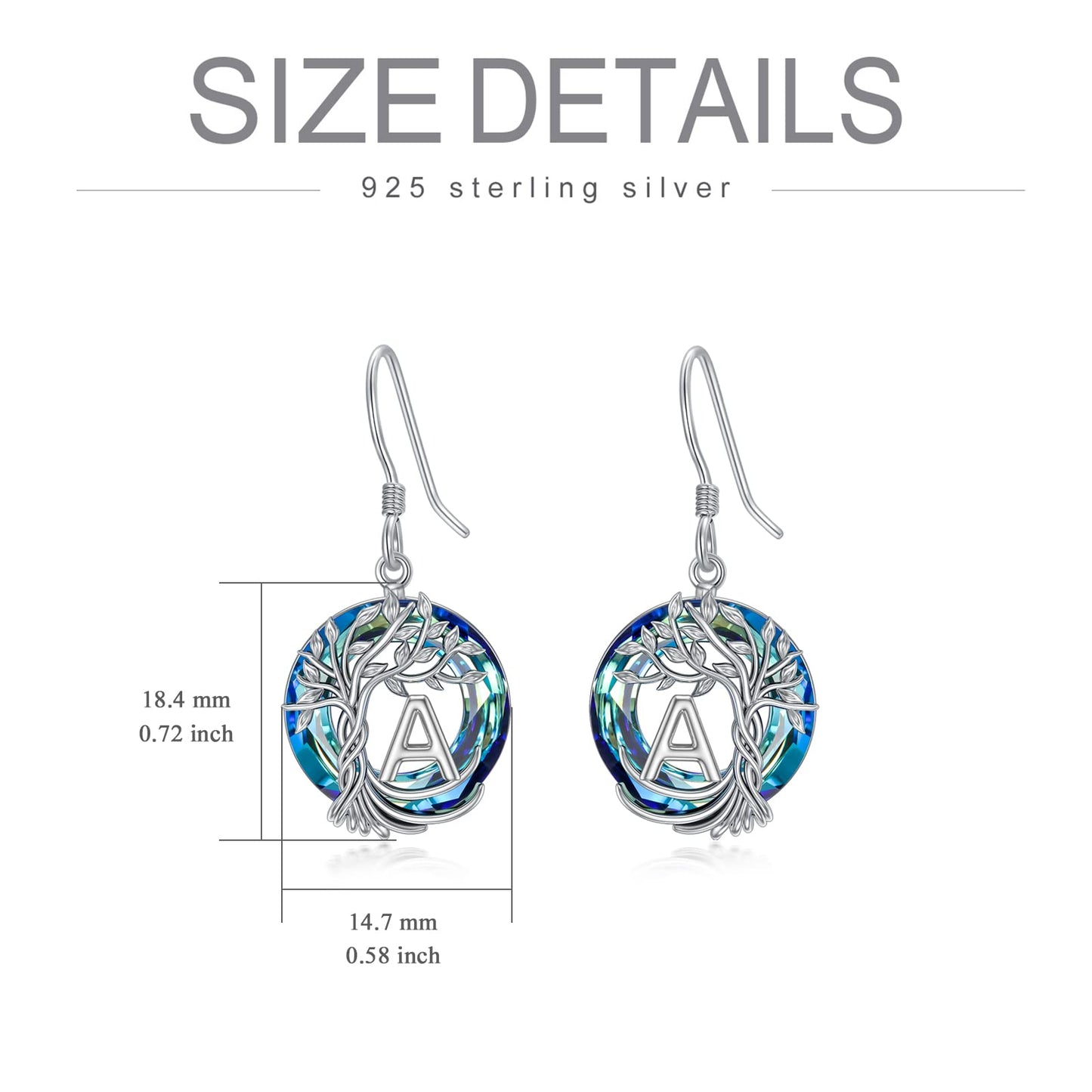 TOUPOP Tree of Life Initial Earrings Sterling Silver Initial A Letter Drop Dangle Earrings Blue Circle Crystal Family Tree Jewelry Birthday Mothers Day Gifts for Women Mom Her