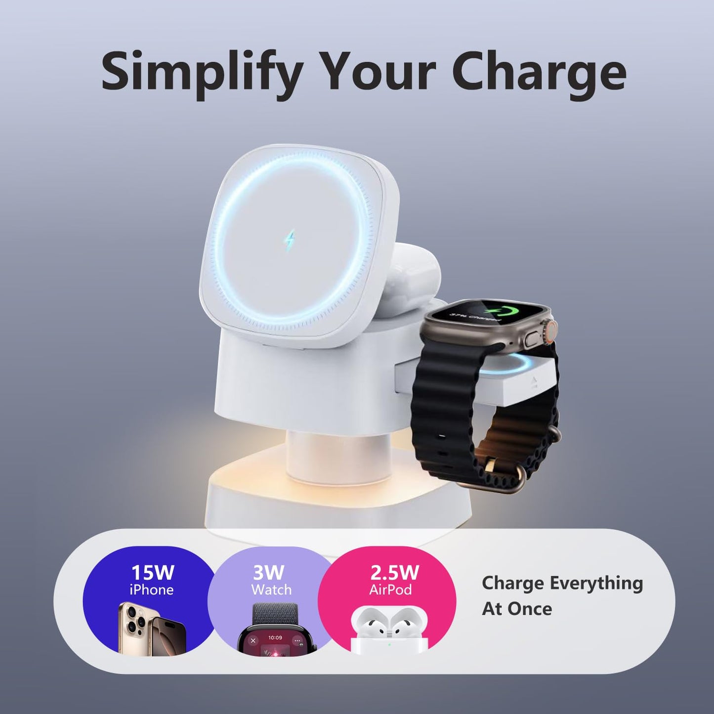 【2026 Upgraded】4 in 1 Wireless Charger, 3 in 1 Wireless Charging Station with Night Light for MagSafe Charger, 15W Magnetic Travel Stand for iPhone17/Air/Pro/Max/16/15/14/13/12, Apple iWatch, Airpods