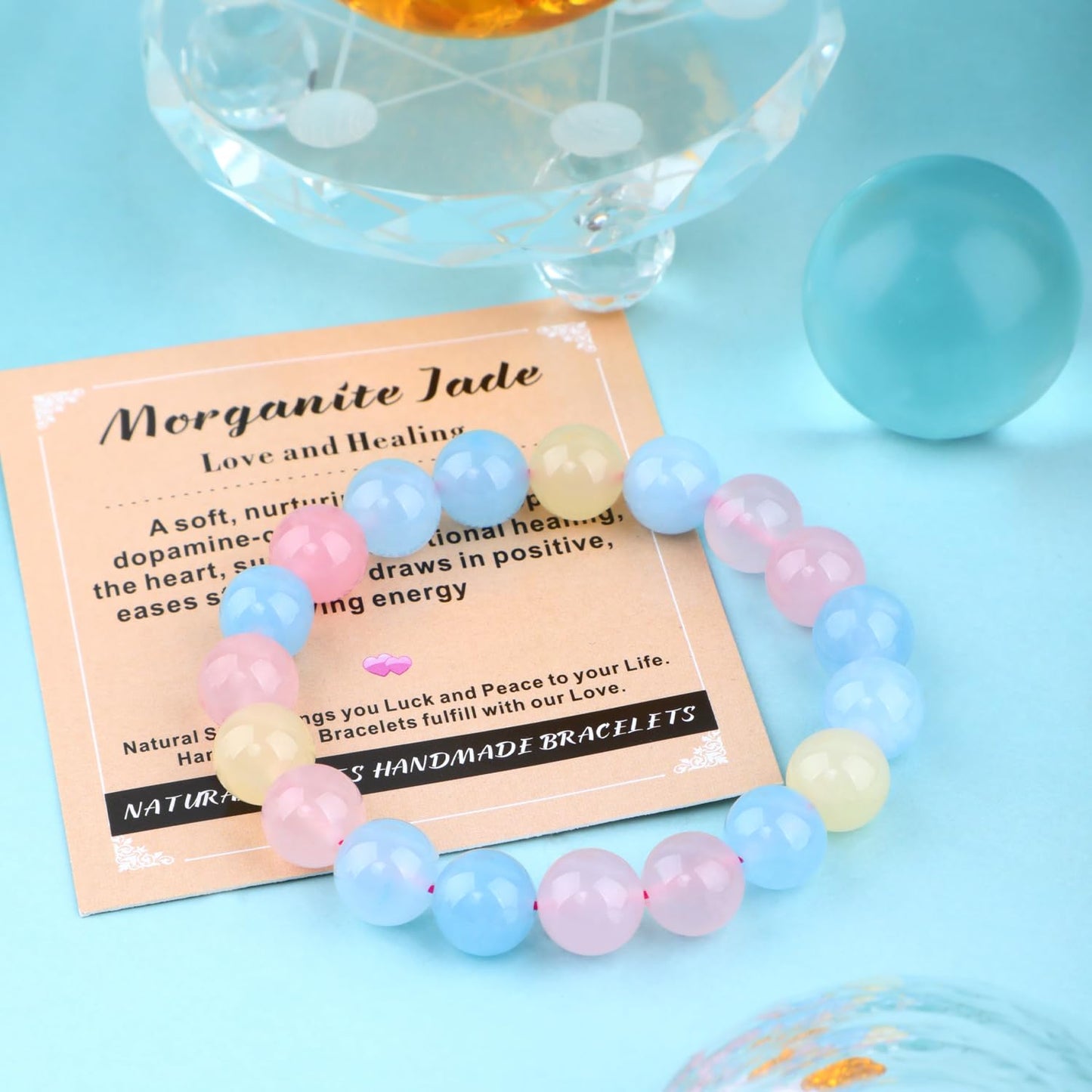 AD Beads 8mm Handmade Morganite Jade Elastic Bracelet – Natural Gemstone for Joy & Positivity – Meditation, Yoga, Healing and Energy Gift for Men Women