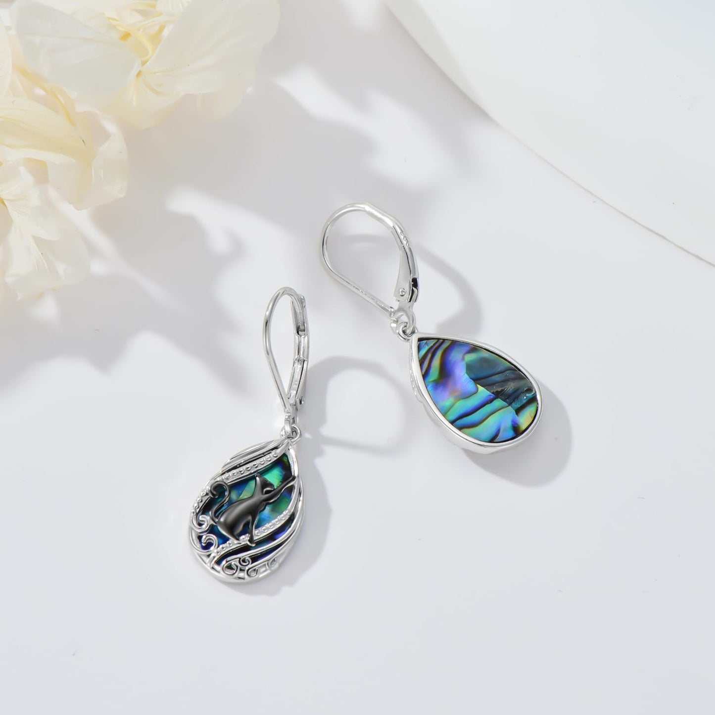 YYmqmq Black Cat Earrings for Women 925 Sterling Silver Abalone Filigree Dangle Drop Earrings Leverback Black Cat Jewelry Gifts for Women Girlfriend Mom