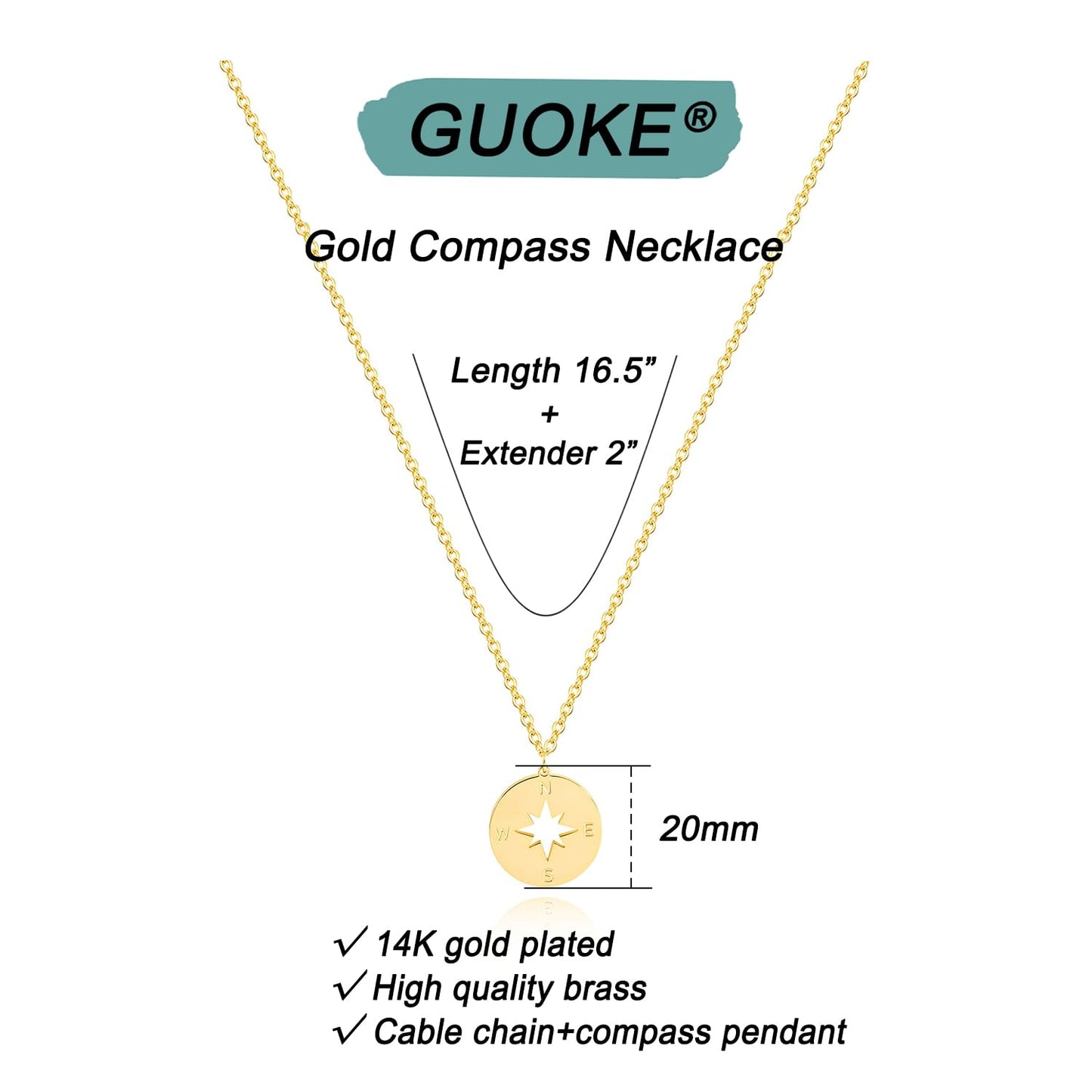 GUOKE Compass Necklace for Women - Dainty Gold Necklace 14K Gold Plated Compass Necklace Graduation Necklace Jewelry for Women