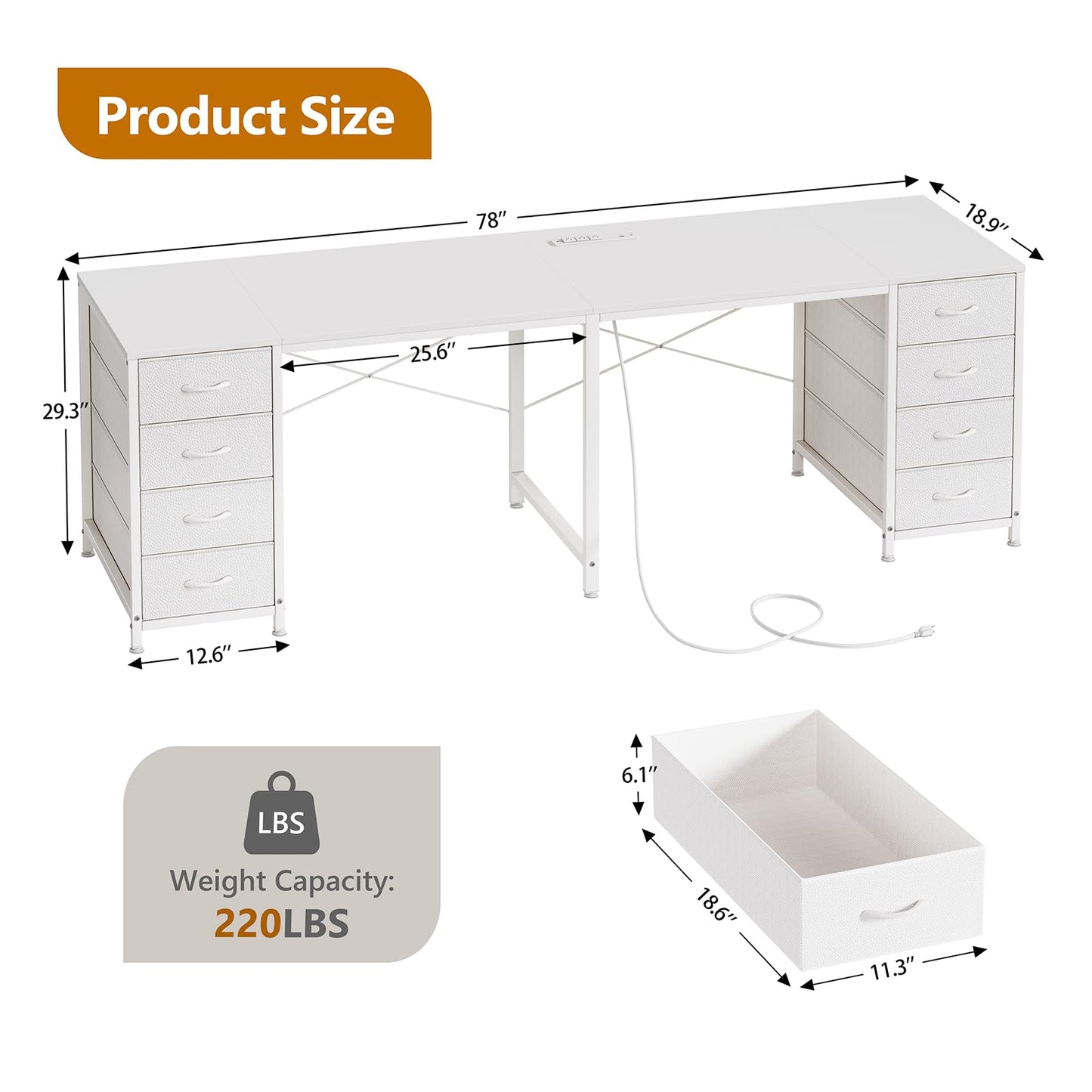 TVU 2 Person Desk with 8 Drawers, Large Home Office Computer Desk with Power Outlets, 78 Inch Long Double Desks for Two People, White