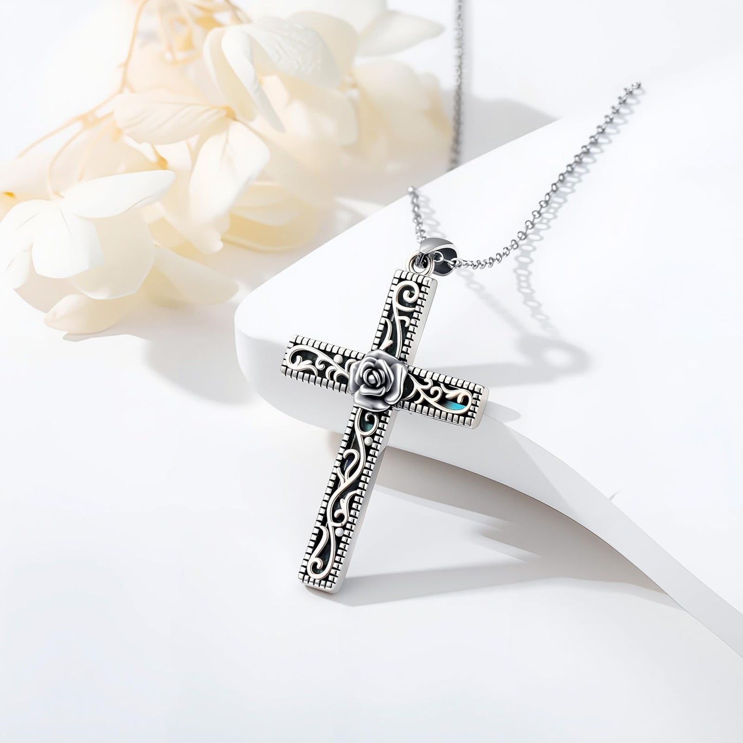 KoyeKei Rose Cross Necklace for Women 925 Sterling Silver Rose Flower Necklaces Pendant Filigree Christian Religious Faith Jewelry Mothers Day Graduation Gifts for Mom Wife Friend