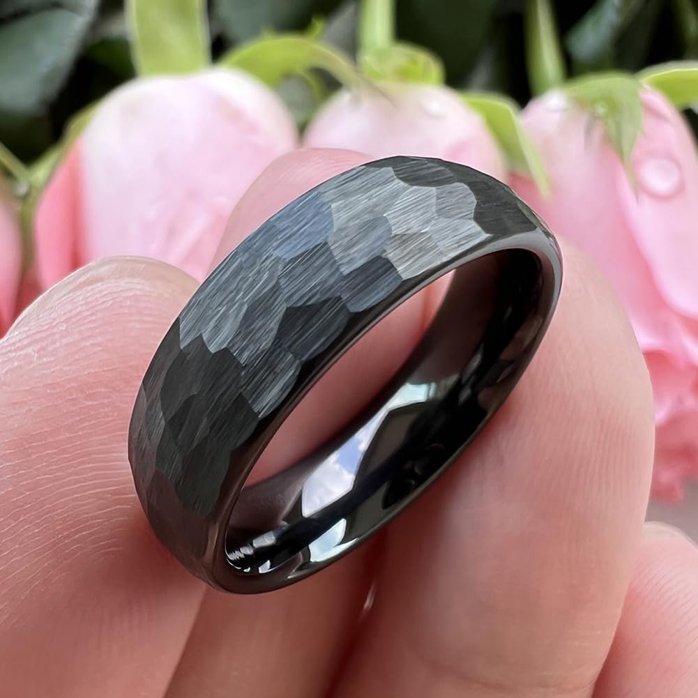 TUTISS 6mm Black Hammered Tungsten Carbide Rings for Men Women Engagement Wedding Bands Domed I Love You Engraved Comfort Fit Size 5