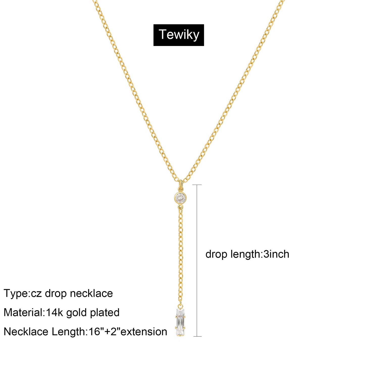 Tewiky Simple Gold Necklace for Women, Gold Plated CZ Lariat Necklace Dainty Long Gold Necklaces for Women Trendy Cute Pendant Necklaces Aesthetic Drop Gold Necklace Jewelry Gifts