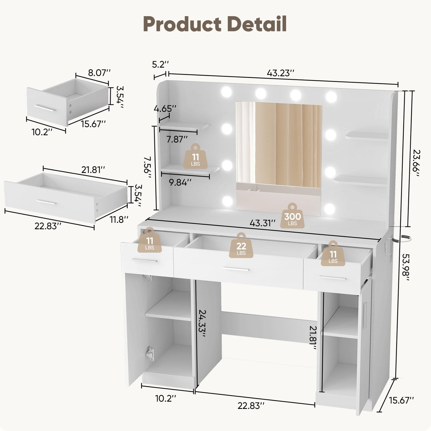 DUMOS Vanity Desk Makeup with Mirror LED Lights, White Table with Power Outlet 3 Drawer, 4 Storage Shelves & 2 Cabinets, 3 Lighting Modes & Adjustable Brightness, Dressing Tables for Bedroom