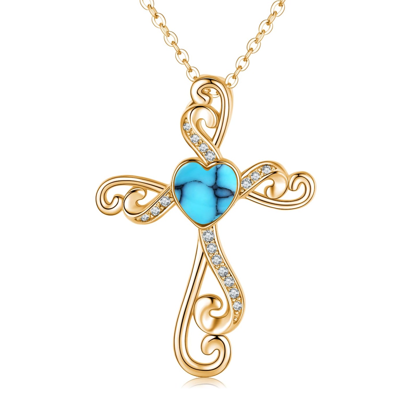 Twoowl 14K Gold Plated Cross Necklace 925 Sterling Silver Turquoise Christian Pendant Religious Catholic Jewelry Gifts for Mom Women