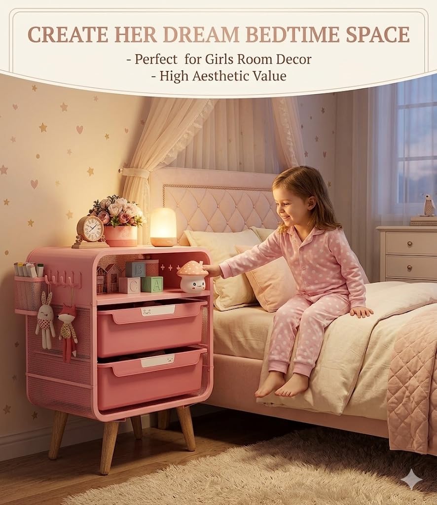 SYKIARIOL Pink Nightstand, Cute End Table with Storage Drawer, Kids Nightstand for Bedroom Furniture, Bedside Table Small Desk Coffee Table for Living Room, Dorm, Office