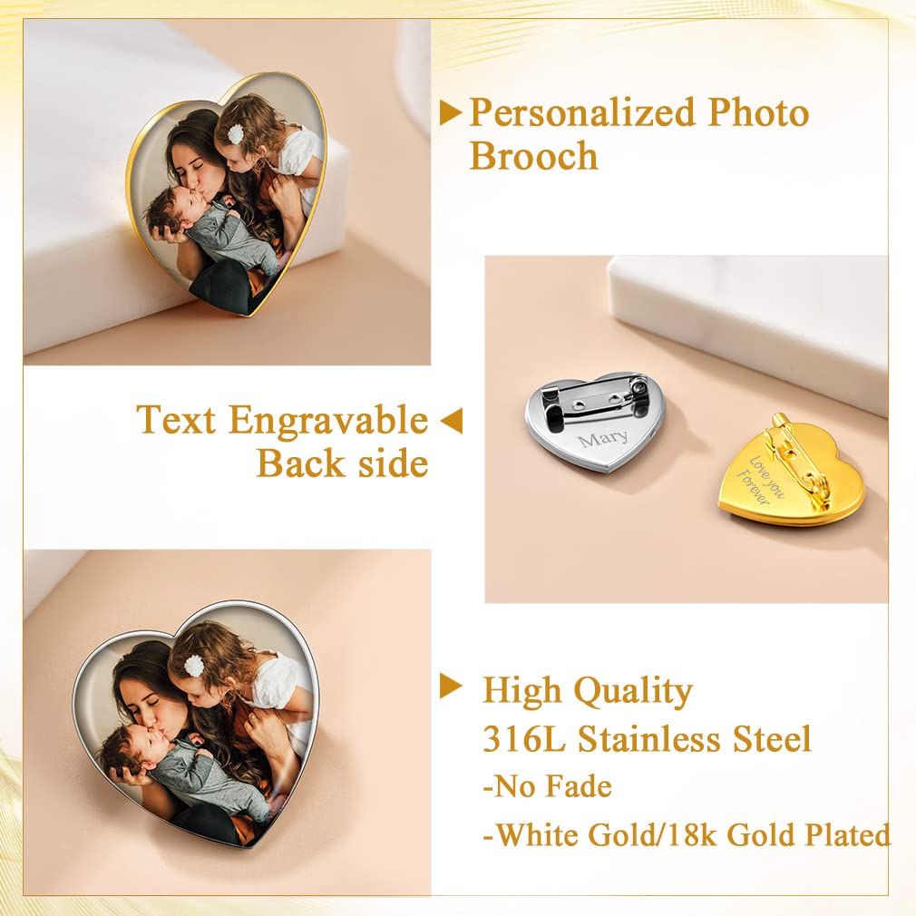 Custom4U Customized Photo Brooch Pin Heart Picture Pins Personalized Wedding Bouquet Charm Memorial Boutonniere Pin Memorial Gift for Women Men