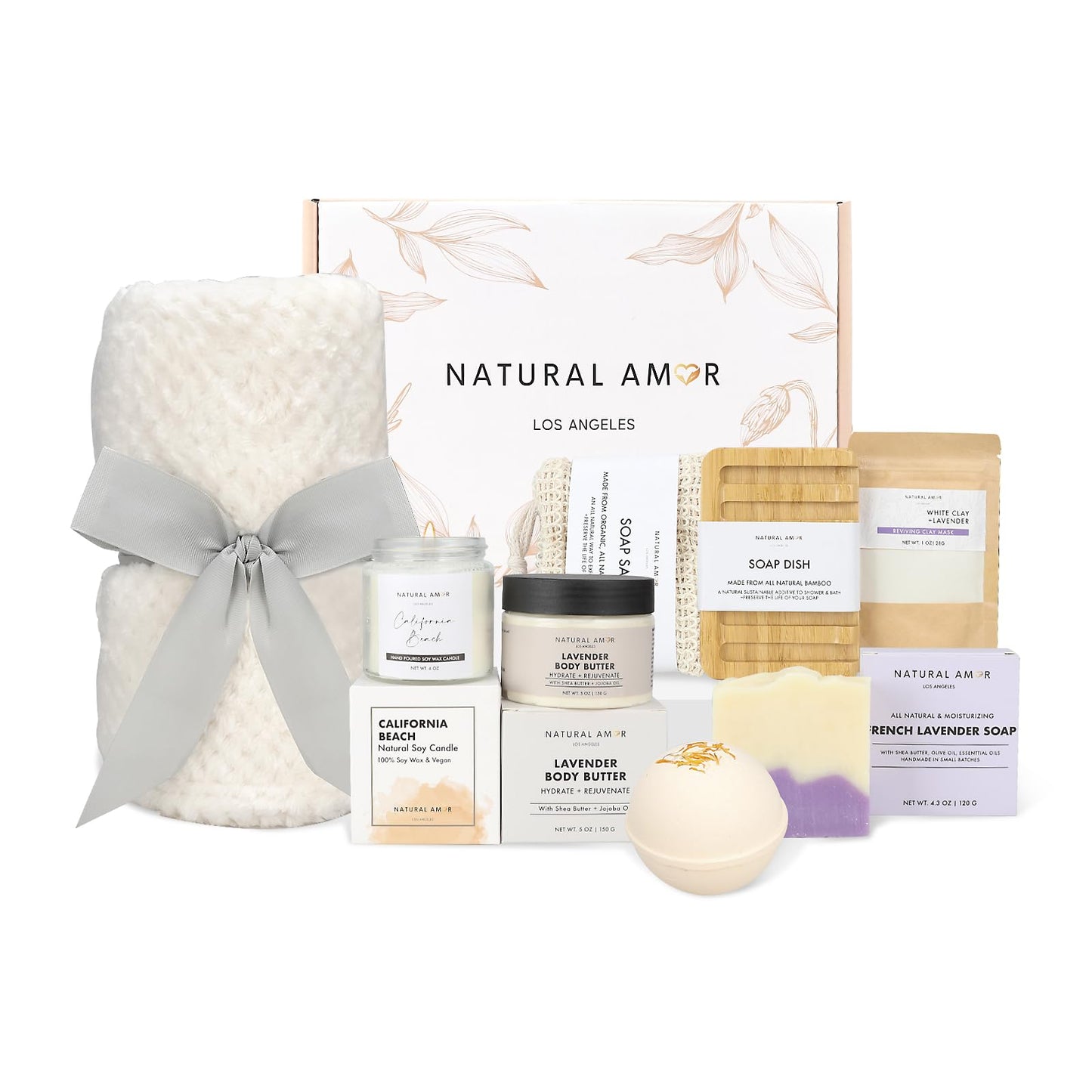Natural Amor 8-Piece Spa Gift Set with Blanket – Self-Care Box with Lavender Body Butter, Soap, Candle – Blanket with Grey Ribbon Gift for Women, Birthday, Holiday