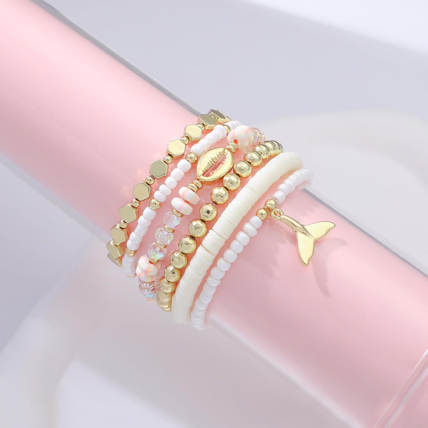 RISHEGAE Heishi Beaded Stretch Bracelets for Women Stackable Gold Polymer Clay Beads Bracelets Friendship Boho Summer Beach Bracelet Jewelry Set (E-Summer 6pcs)