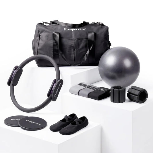 Prospervere Premium Pro Pilates Kit – 15 inch Pilates Ring and Ball Set w/ 1lb Ankle Weights, Fabric Resistance Bands, Sliders, Yoga Socks & Gym Bag – Midnight Power (Black)