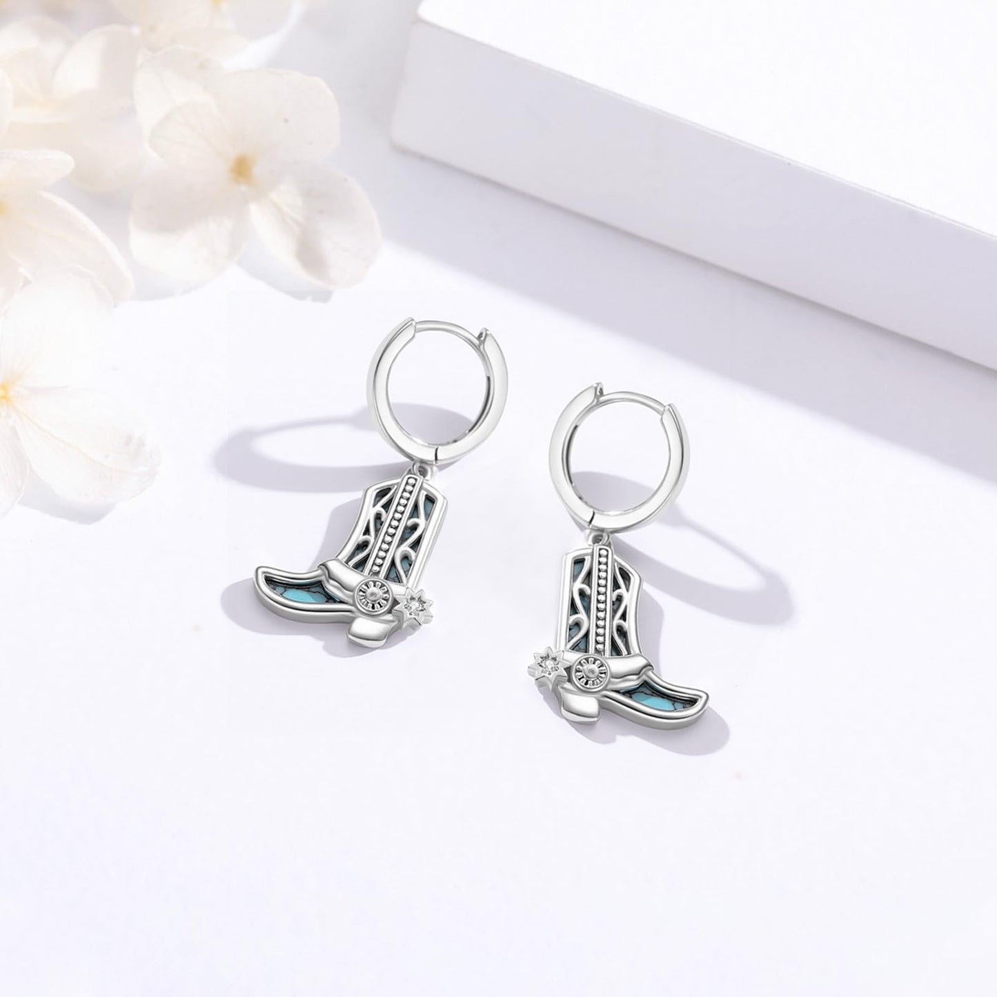 KoyeKei Cowgirl Boot Hoop Earrings Country 925 Sterling Silver Turquoise Western Cowboy Texas Boot Dangle Drop Earrings Country Jewelry Gifts for Mom Women