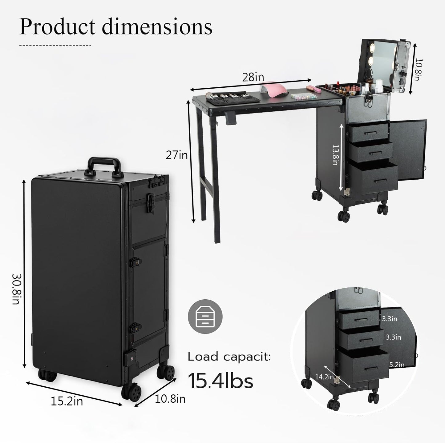 Gdsshuhung Rolling Manicure Table with LED Mirror, Foldable Nail Desk on Wheels with Drawers, Portable Mobile Workstation for Nail Technicians Travel (Black)