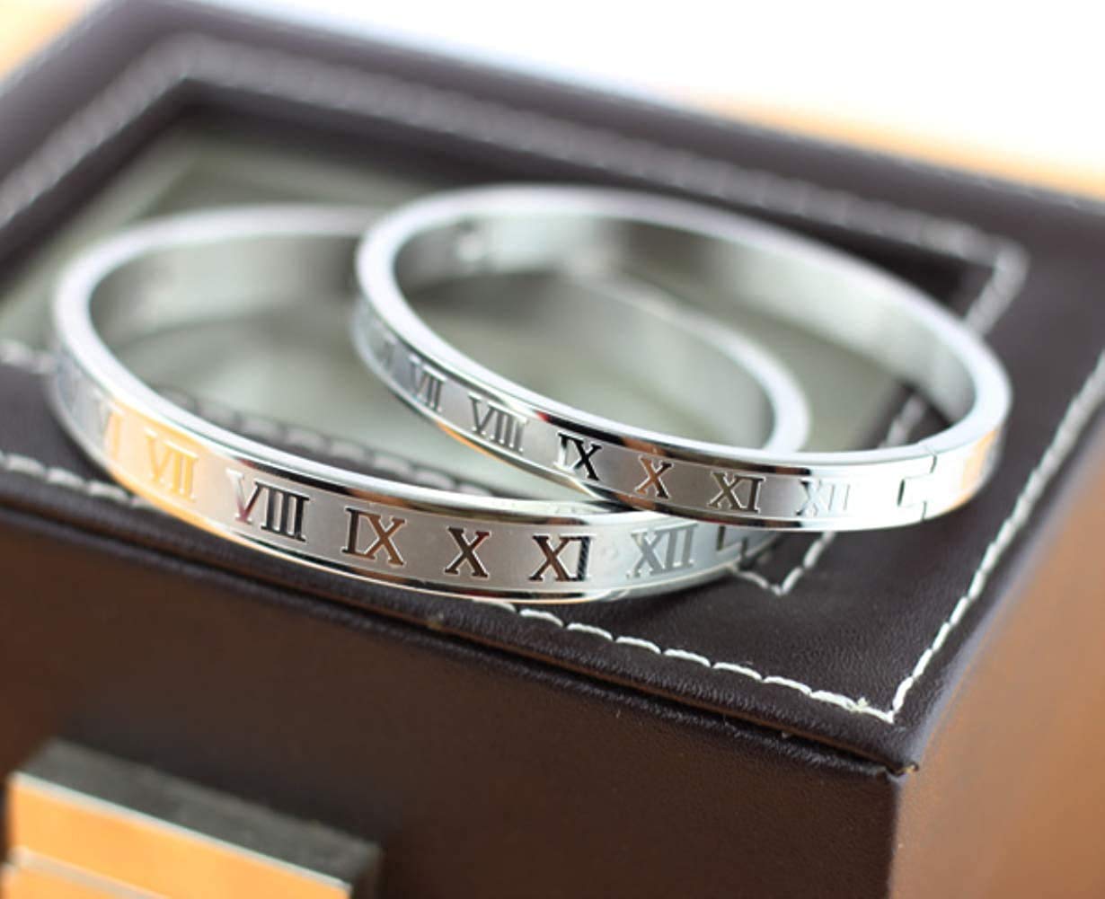 Jarlinwel Gold Silver Plated Bracelets for Men Women Roman Numeral Bangle Bracelet Stainless Steel Personalized Engraved Unisex Gift (Silver 8mm Mens)