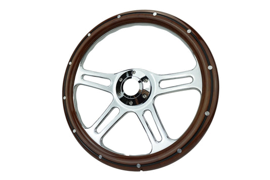 350mm 14" Inch Classic Nostalgia Style Wood Grain Steering Wheel Slotted 4 Spoke Chrome Steering Wheel Mohagany Wood Grip