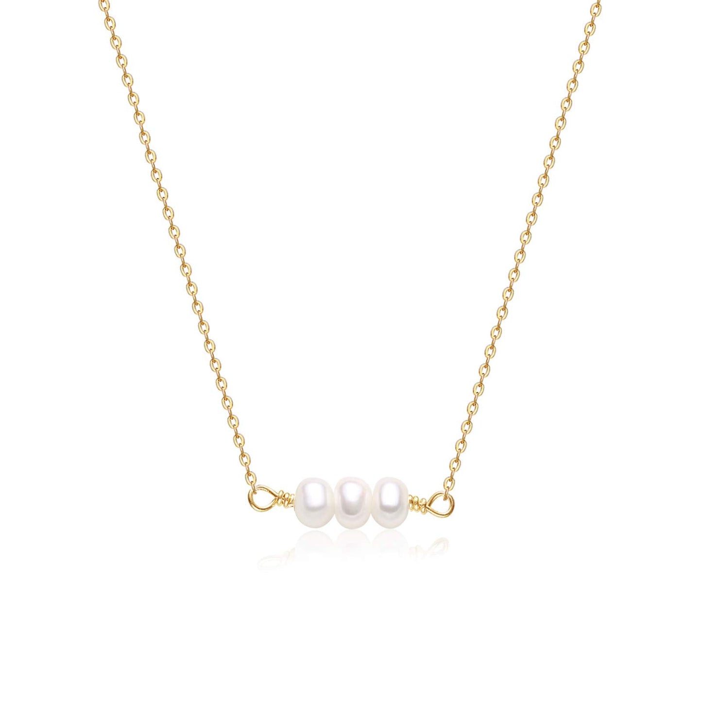 14K Gold Plated 3 Tiny Pearl Necklace for Women, Dainty Minimalist Pearl Choker, 14"+2" Adjustable Extension Chain, Delicate Layering Jewelry for Daily Wear & Gift