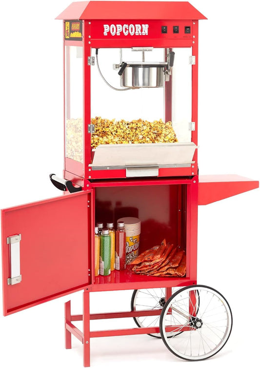 Popcorn Machine with Cart, Popcorn Maker with 10 Oz Kettle Makes Up to 64 Cups, Vintage Movie Theater Commercial Popcorn Machine with Interior Light Red