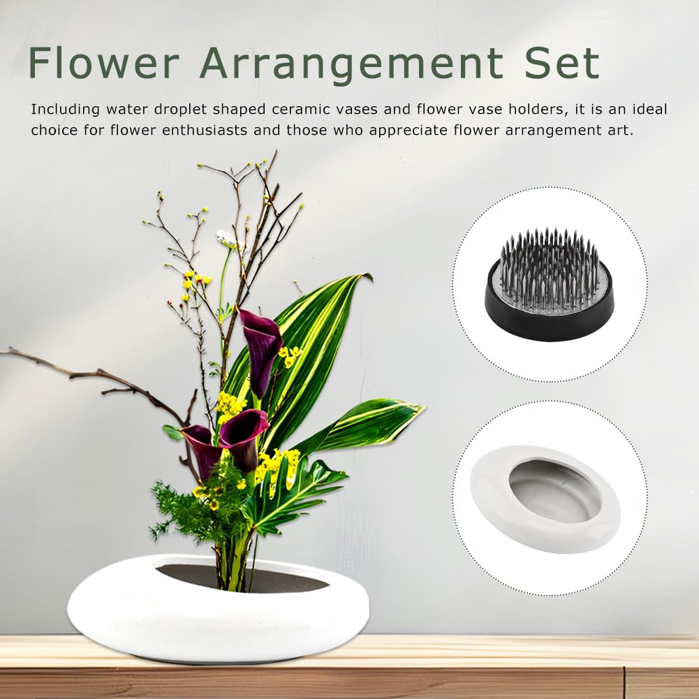 Flower Frog Vase Kit, Japanese Ikebana Flower Arrangement with 1.57 Inch Kenzan Ceramic White Pebble Shaped Bowl, 2-in-1 Flowers Arrangement Kenzan Needle Straightening Tool(Color:White)