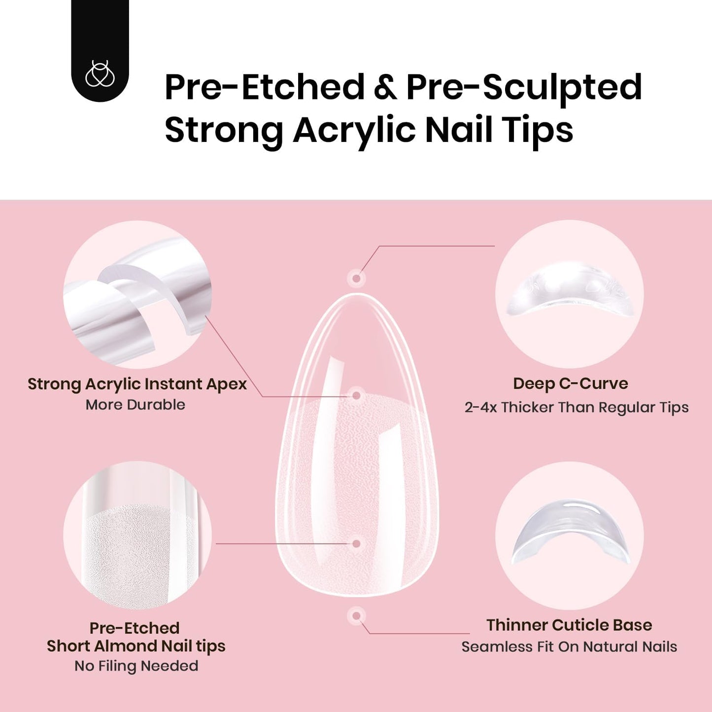 Beetles Tipex Instant Apex Nail Tips Almond Short-Pre-Building & Pre-Etched Strong Thick Acrylic,16 Sizes,192 Pieces