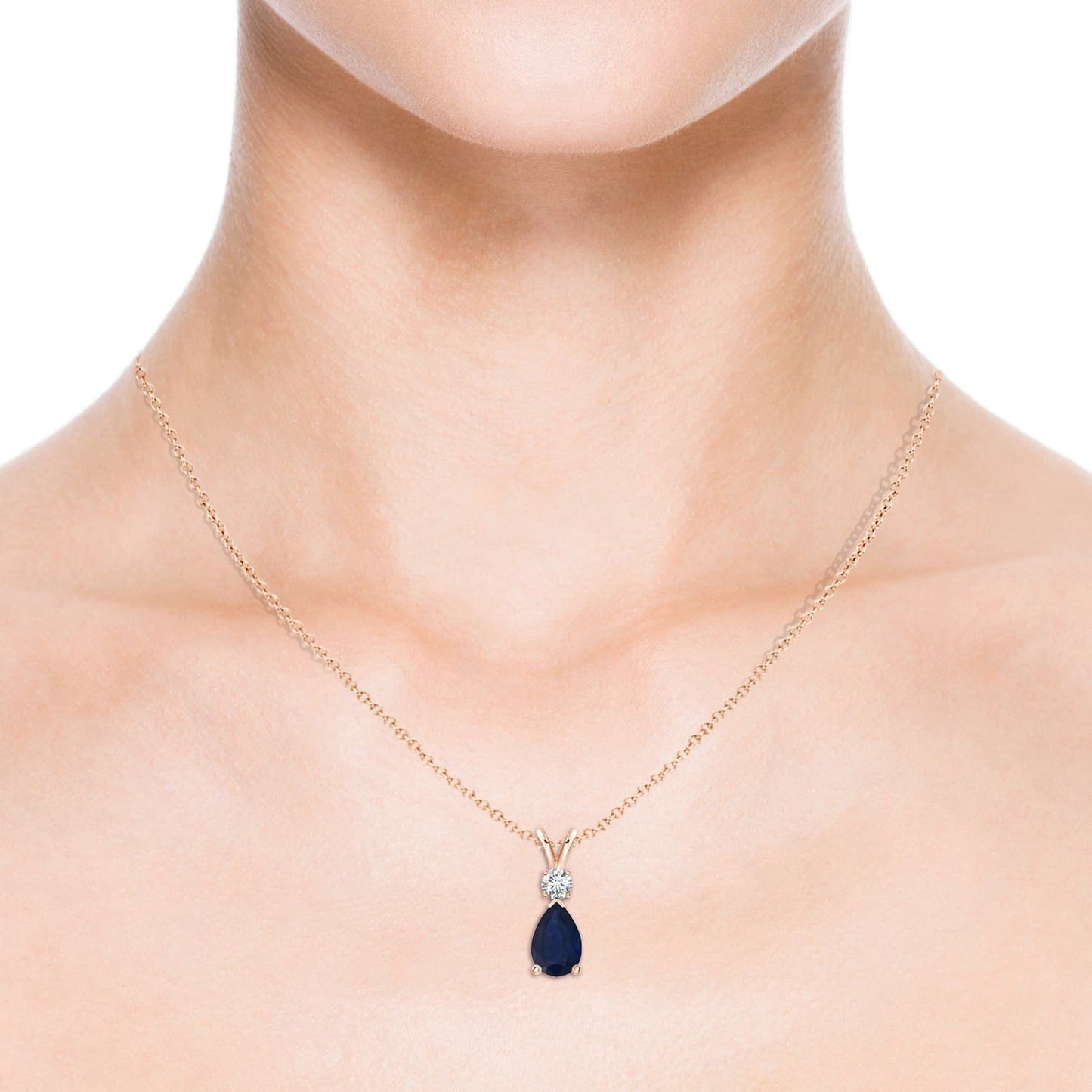 Angara Natural Blue Sapphire Solitaire Pendant for Women | Prong-Set Blue Sapphire Teardrop V-Bale Pendant with Diamond in Rose Gold | September Birthday, Gemstone Jewelry Gift | A | 6x4mm