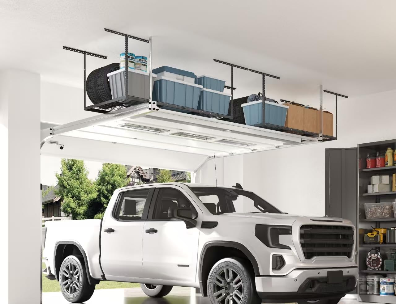 FLEXIMOUNTS 3x6 Overhead Garage Storage Rack, plus 2-Pack 2x4ft Corner Wall Mounted Floating Shelves, 450lbs+440lbs Capacity, Heavy-Duty Garage Organizer, Black