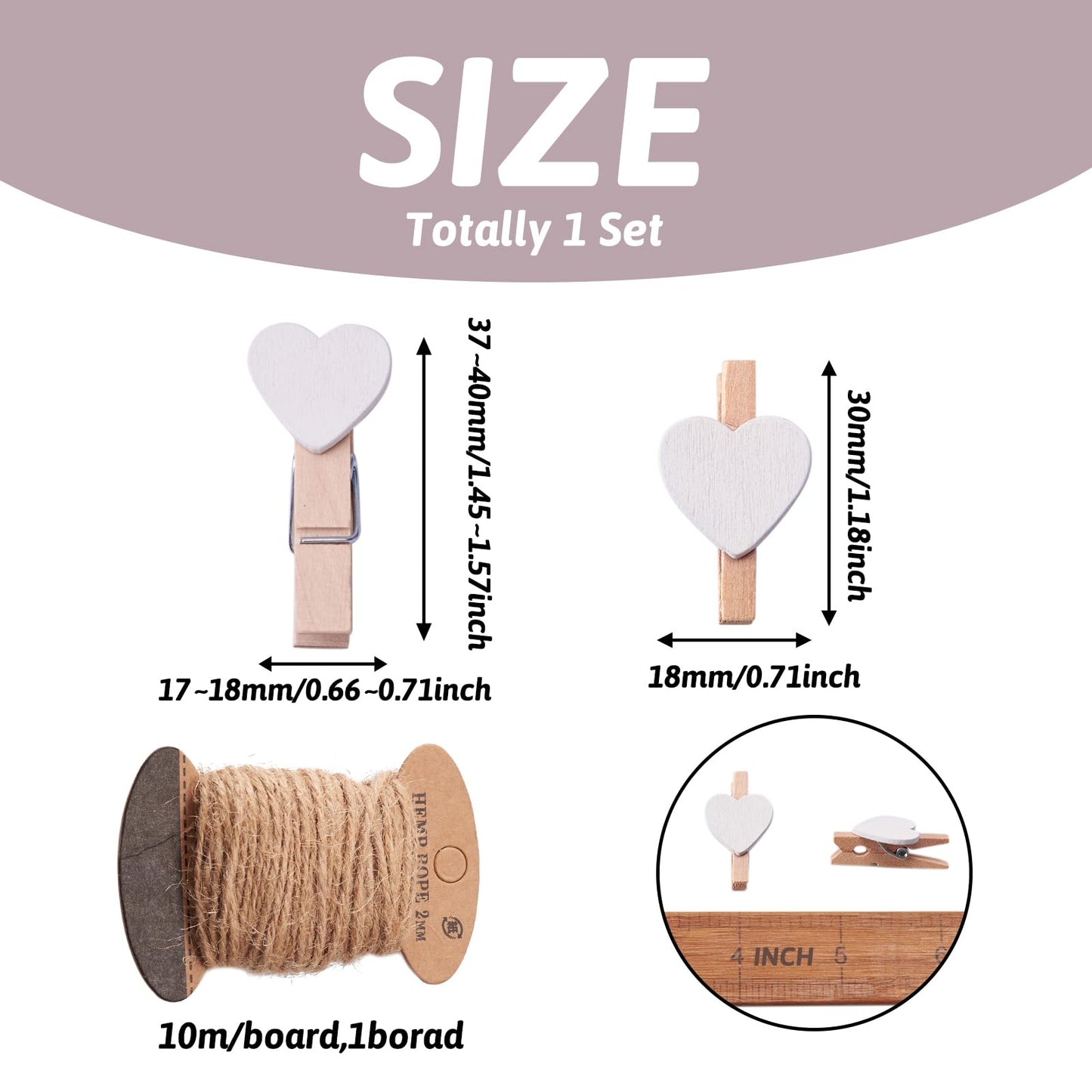 Pandahall 100pcs White Heart Clothespins Wooden Photo Paper Peg Pin Craft Clips with 10.9 Yards Natural Jute Twine for Paper Photo Display Hanging Home Party Wedding Decoration
